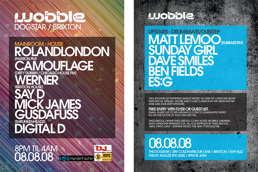 Leaflet, Poster and Flyer Designs Wobble at Dogstar Brixton A6 flyer design