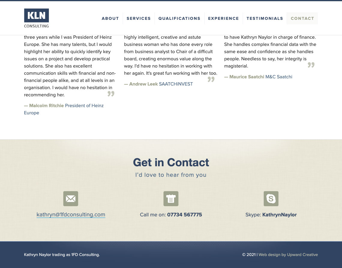 KLN Consulting Website Contact section design - KLN Consulting
