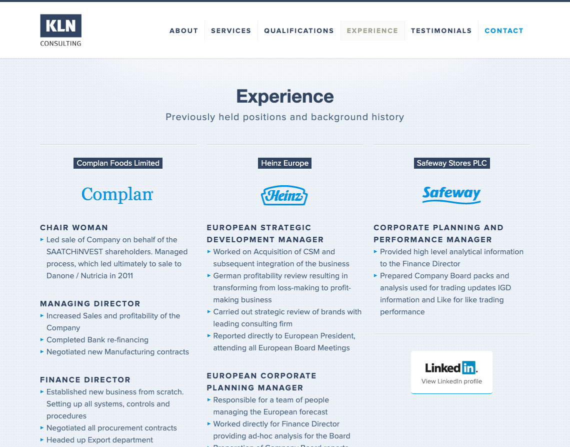 KLN Consulting Website Experience section design - KLN Consulting