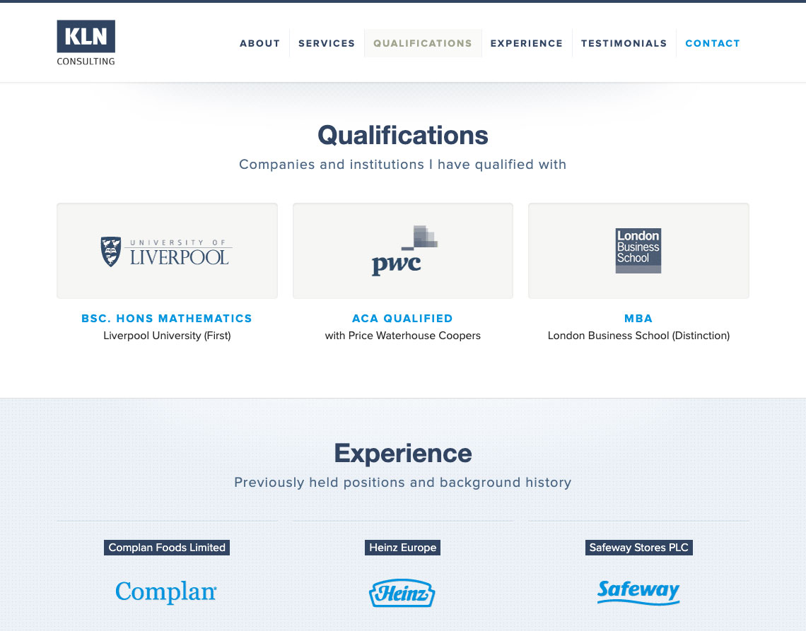 KLN Consulting Website Qualifications section design - KLN Consulting