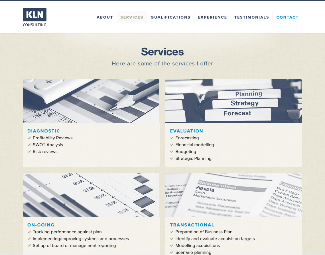KLN Consulting Website Services section design - KLN Consulting