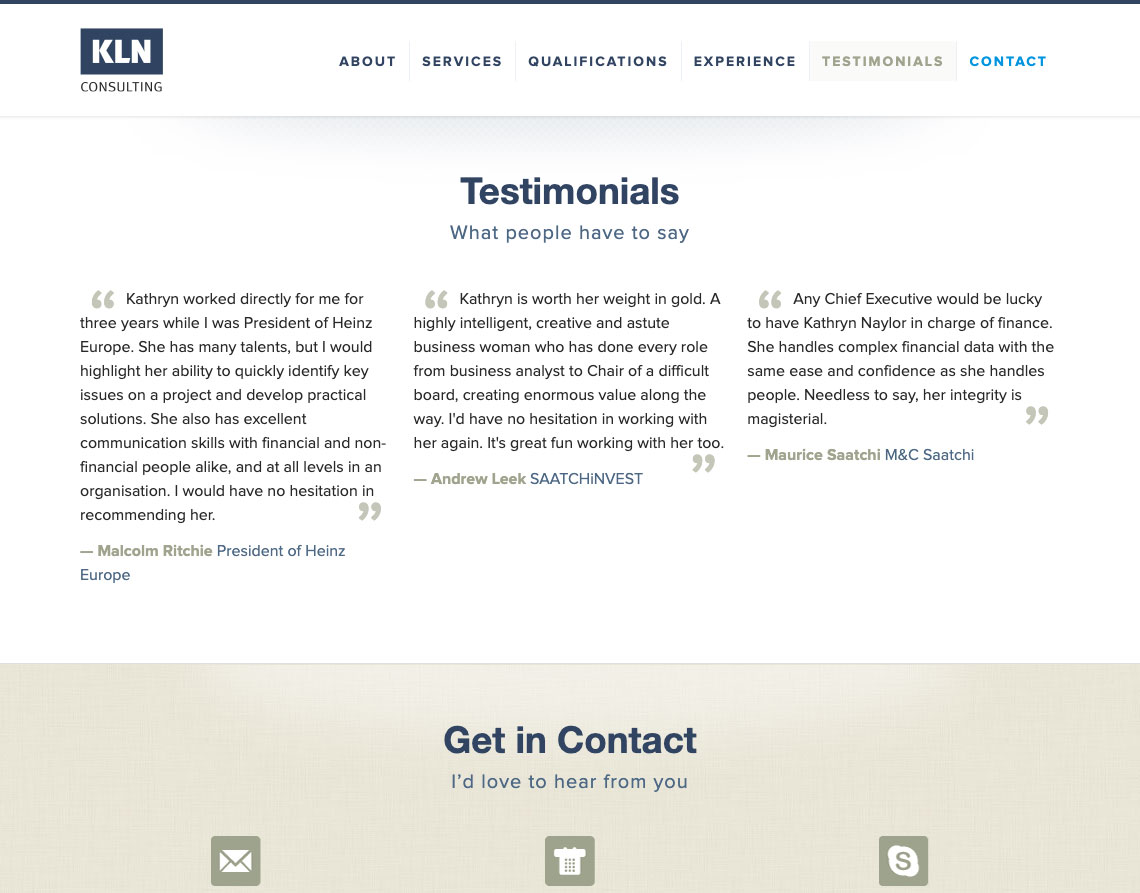KLN Consulting Website Testimonials section design - KLN Consulting