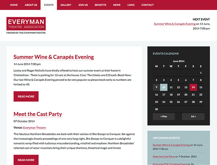 Everyman Theatre Association ETA events page WordPress website design
