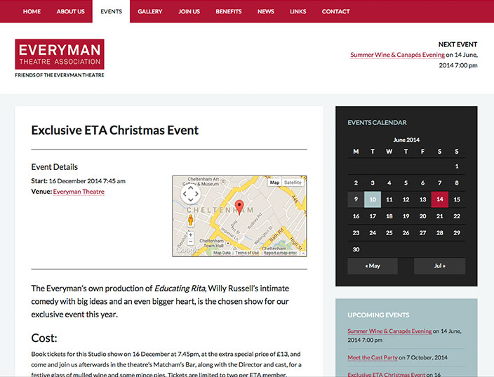 Everyman Theatre Association ETA single events page WordPress website design
