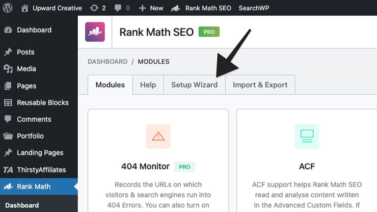 Rank Math Setup Wizard tab.
