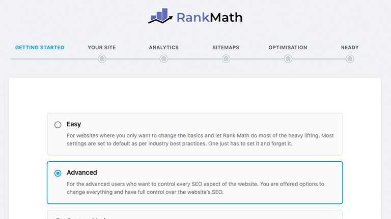 Rank Math Setup Wizard screen.