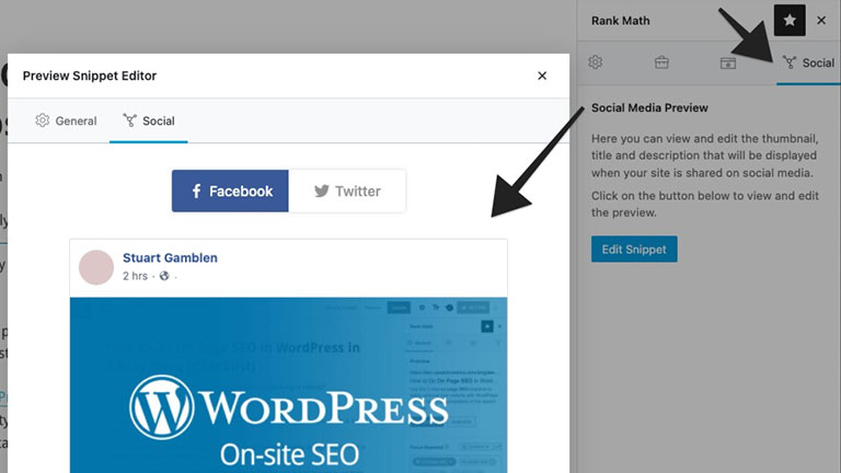 Rank Math preview of social media share