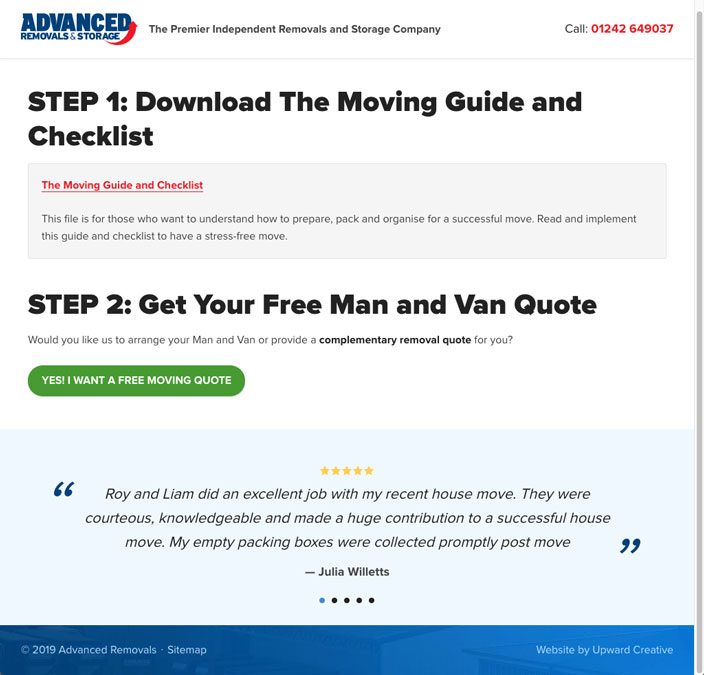 Advanced Removals Advanced Removals website sales funnel download page