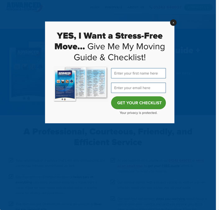Advanced Removals Advanced Removals website sales funnel opt-in page