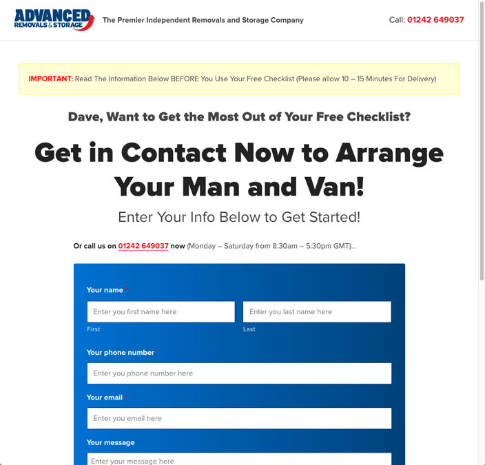 Advanced Removals Advanced Removals website sales funnel offer page