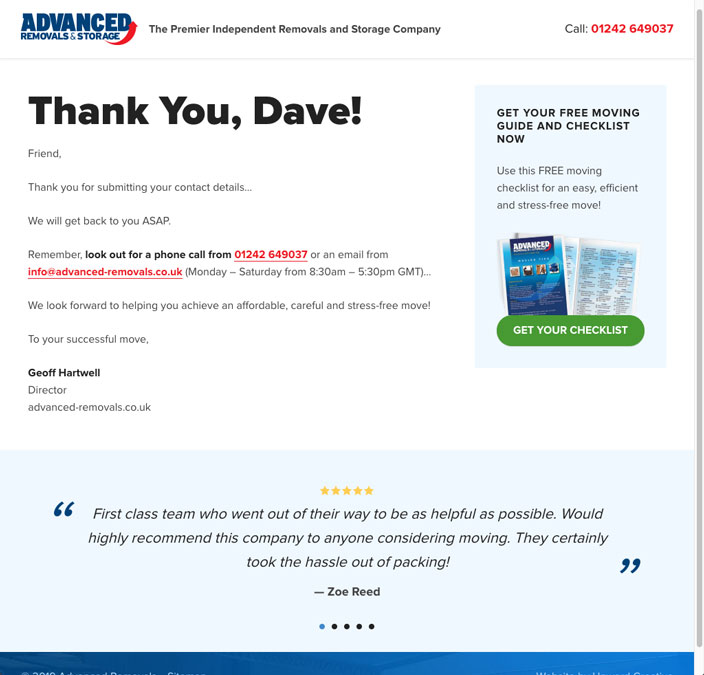 Advanced Removals Advanced Removals website sales funnel offer success page