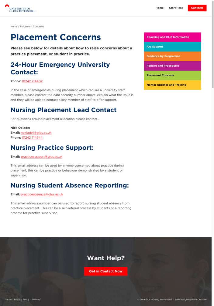University of Gloucestershire University of Gloucestershire web design Placements page